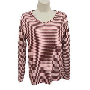 Croft & Barrow Top Size Small V-Neck Red White Gold Striped Long Sleeve Stretch